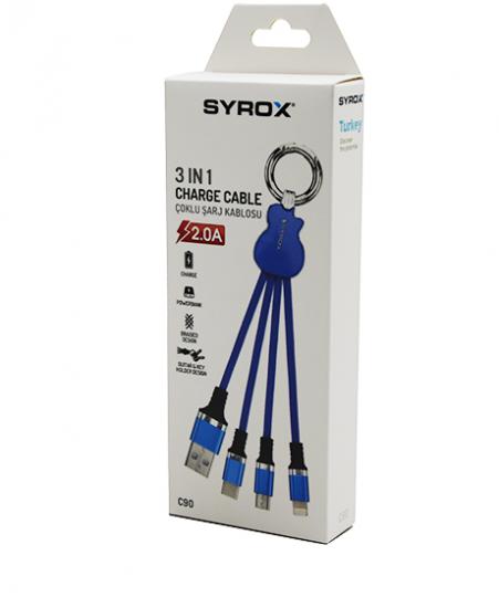 SYROX C90 3İN1 ÇOKLU ( İPHONE & TYPC-E & MICRO ) USB ( ÖRGÜLÜ ) ŞARJ KABLOSU 2.0A*320