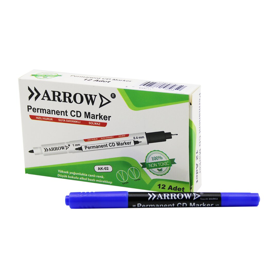 ARROW%20AK-02%20(%20MAVİ%20&%202%20UÇLU%20)%20(%20PERMANENT=1MM%20)%20+%20(%20CD%20MARKER=0.4MM%20)%20KALEMİ*12X120