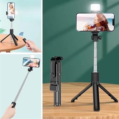 BUFFER®%20Kendiliğinden%20Işıklı%20Masaüstü%20Tripod%20Olabilen%20Telefon%20Tutuculu%20Kablosuz%20Kumandalı%20Selfie%20Çubuğu