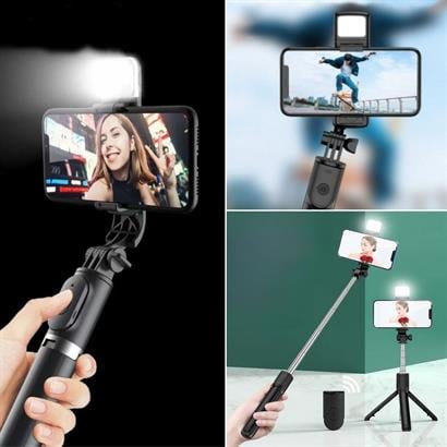 BUFFER®%20Kendiliğinden%20Işıklı%20Masaüstü%20Tripod%20Olabilen%20Telefon%20Tutuculu%20Kablosuz%20Kumandalı%20Selfie%20Çubuğu