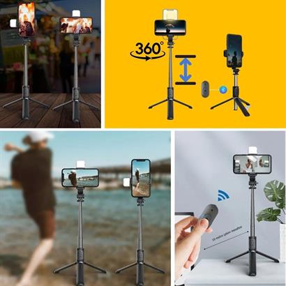 BUFFER®%20Kendiliğinden%20Işıklı%20Masaüstü%20Tripod%20Olabilen%20Telefon%20Tutuculu%20Kablosuz%20Kumandalı%20Selfie%20Çubuğu